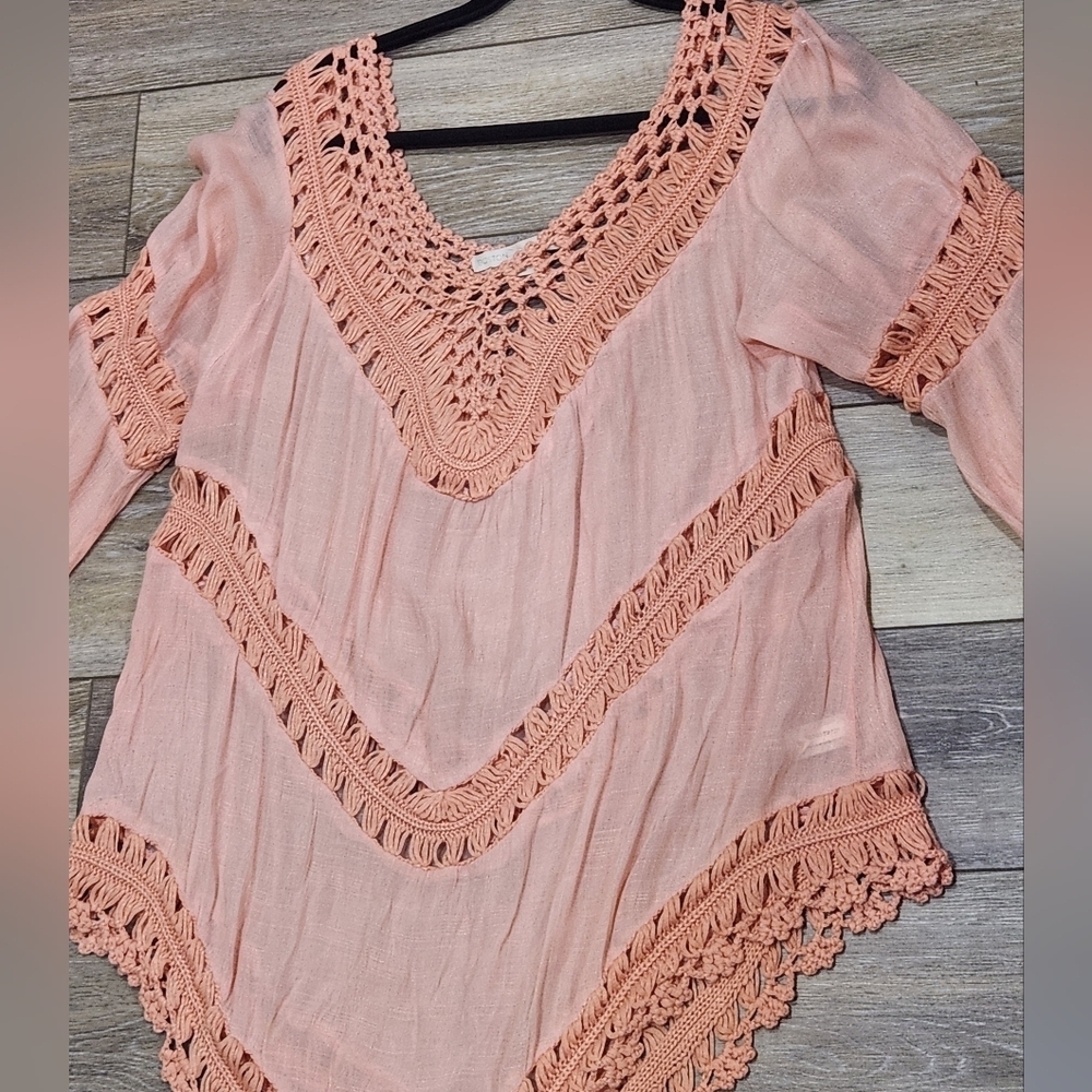 Boston Proper Coral Crochet Accent Tunic Size Xlarge Summer Boho - Picture 6 of 8
